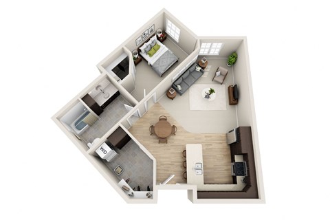 Floor plan for 1 bed, 1 bath, 881 sqft